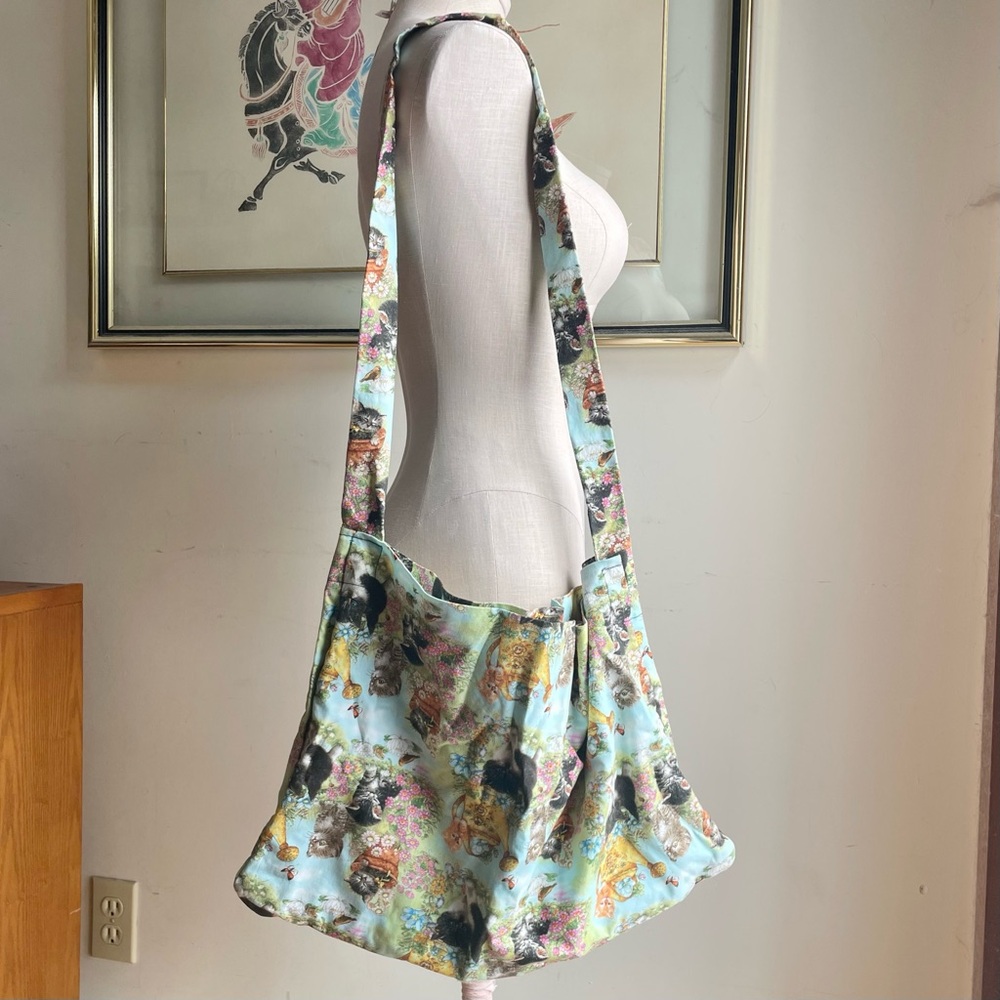 Vintage Handmade Kittens & Cats Floral Slouchy Oversized Cottagecore Kawaii Bag